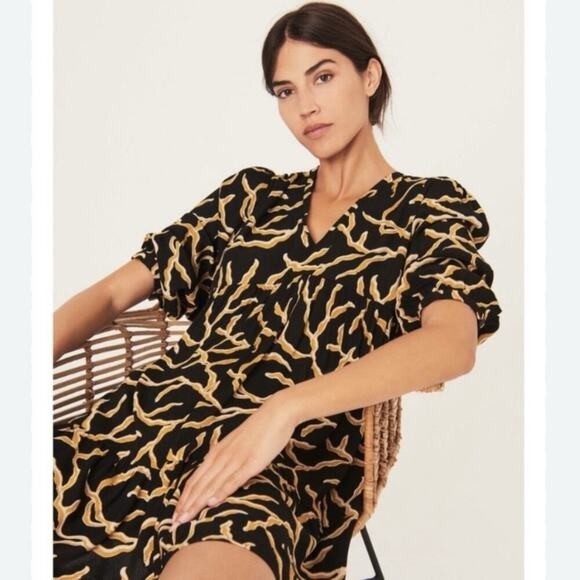 ba&sh Paris Size M Constance Dress Black Gold V-Neck Puff Sleeve Pockets Flowy - Picture 3 of 11